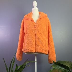 American Eagle Outfitters Plush Zip-Up Jacket Bright Orange XS